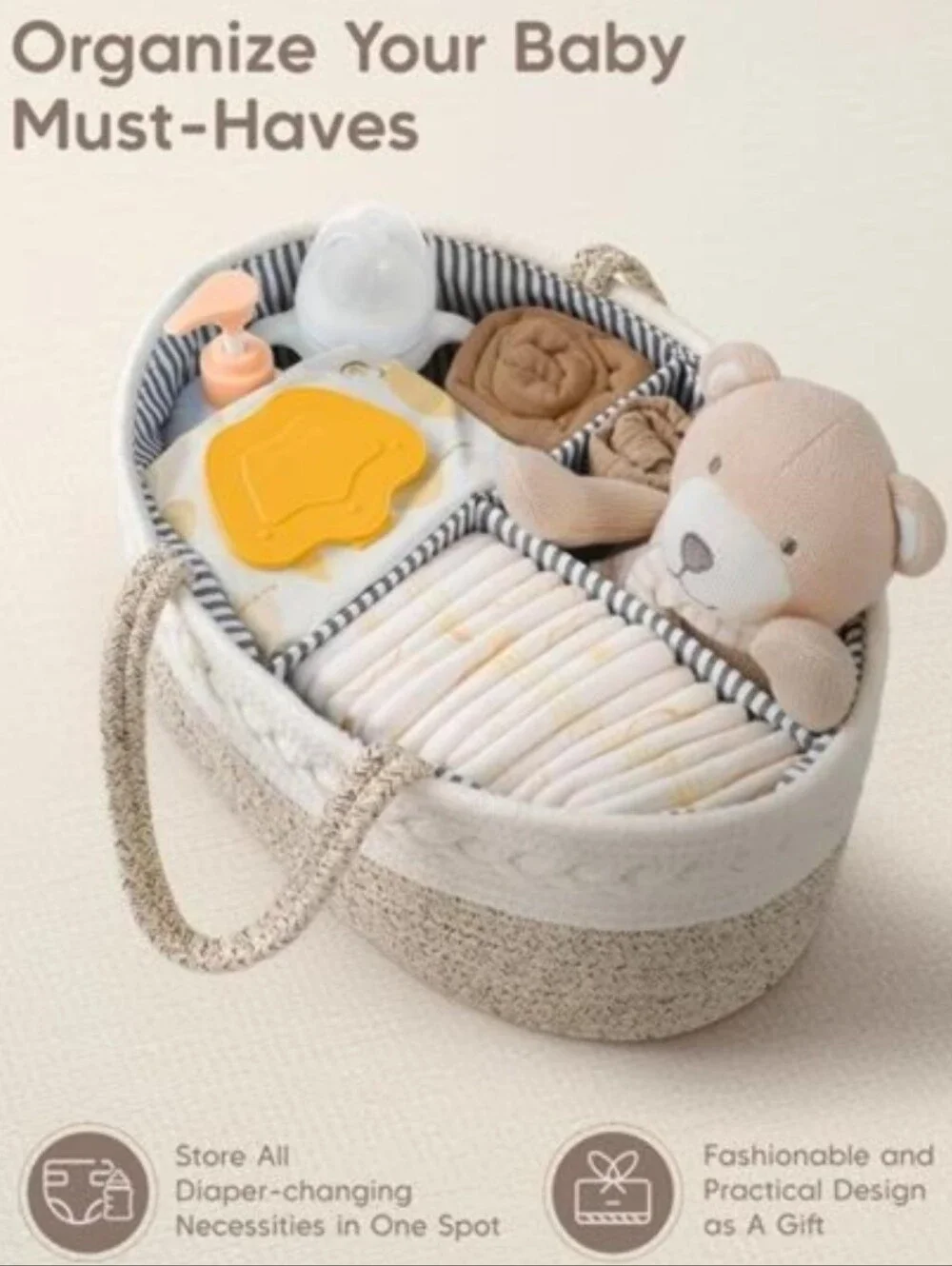 Cotton Rope Woven Two-Tone Cream Baby Diaper Caddy Tote Bag